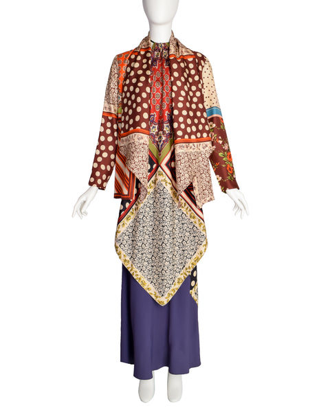 Jean Paul Gaultier Vintage Multicolor Patchwork Patterned Floral Silk Halter Top Jacket and Slip Dress Set