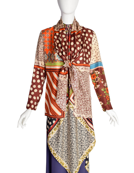 Jean Paul Gaultier Vintage Multicolor Patchwork Patterned Floral Silk Halter Top Jacket and Slip Dress Set