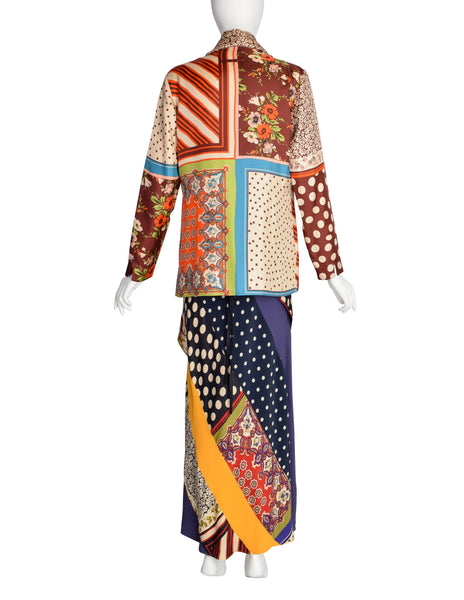Jean Paul Gaultier Vintage Multicolor Patchwork Patterned Floral Silk Halter Top Jacket and Slip Dress Set