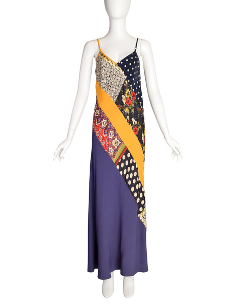 Jean Paul Gaultier Vintage Multicolor Patchwork Patterned Floral Silk Halter Top Jacket and Slip Dress Set