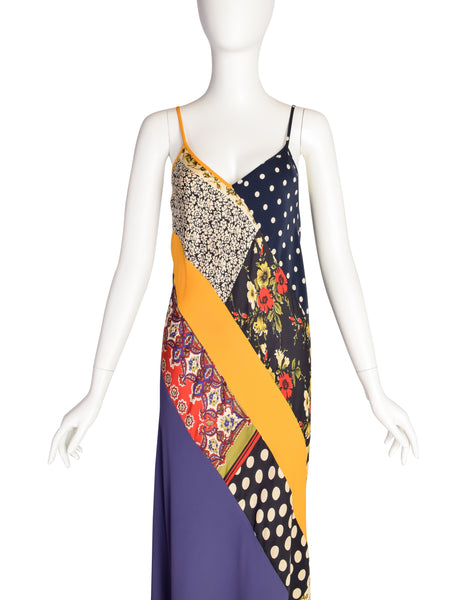 Jean Paul Gaultier Vintage Multicolor Patchwork Patterned Floral Silk Halter Top Jacket and Slip Dress Set