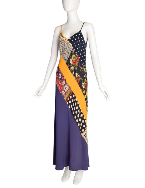 Jean Paul Gaultier Vintage Multicolor Patchwork Patterned Floral Silk Halter Top Jacket and Slip Dress Set