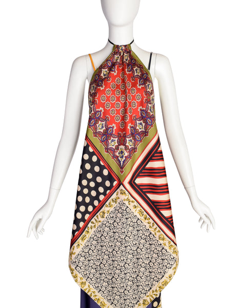 Jean Paul Gaultier Vintage Multicolor Patchwork Patterned Floral Silk Halter Top Jacket and Slip Dress Set