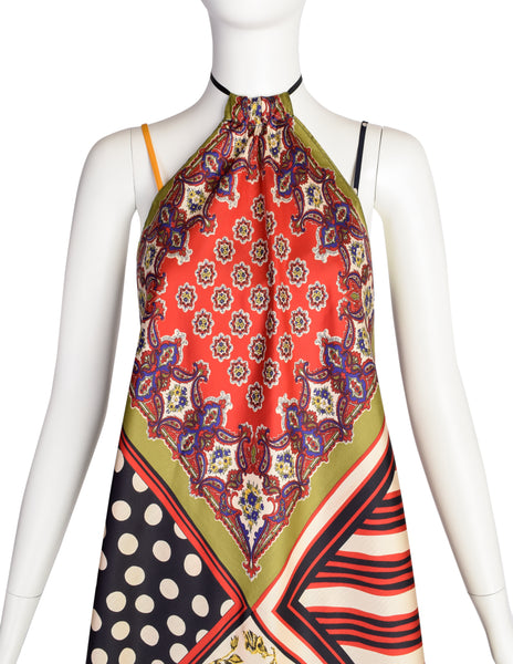 Jean Paul Gaultier Vintage Multicolor Patchwork Patterned Floral Silk Halter Top Jacket and Slip Dress Set