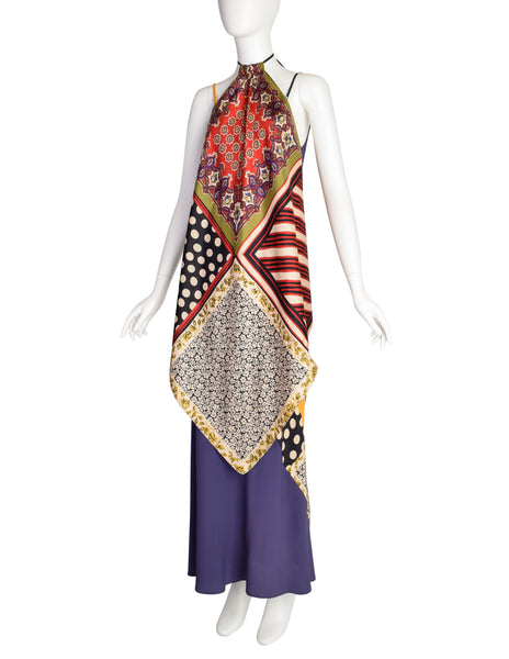 Jean Paul Gaultier Vintage Multicolor Patchwork Patterned Floral Silk Halter Top Jacket and Slip Dress Set