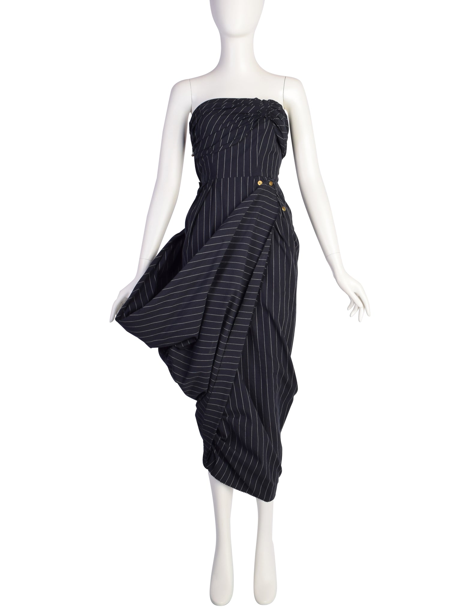 Jean Paul Gaultier SS 1995 Navy Blue White Pinstripe Strapless Wiggle Dress with Snap Wing