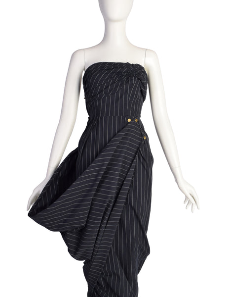 Jean Paul Gaultier SS 1995 Navy Blue White Pinstripe Strapless Wiggle Dress with Snap Wing