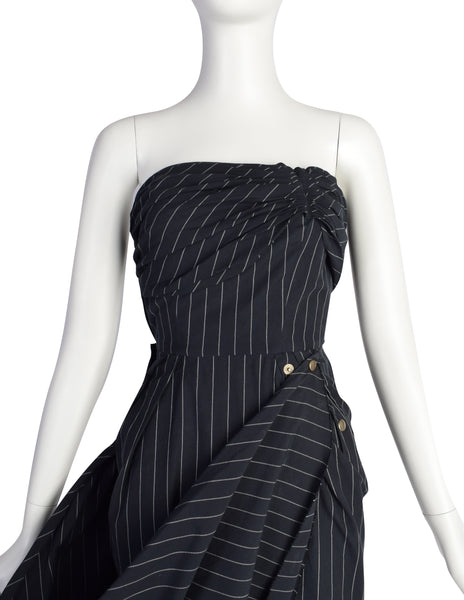 Jean Paul Gaultier SS 1995 Navy Blue White Pinstripe Strapless Wiggle Dress with Snap Wing