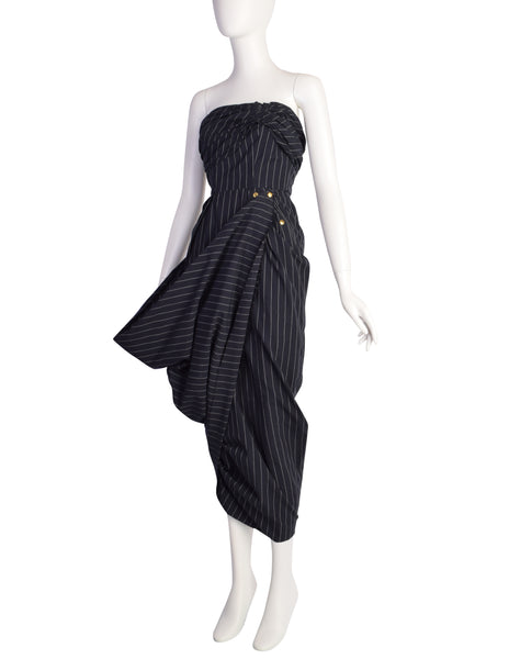Jean Paul Gaultier SS 1995 Navy Blue White Pinstripe Strapless Wiggle Dress with Snap Wing