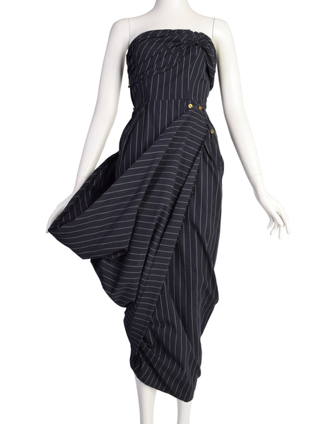 Jean Paul Gaultier SS 1995 Navy Blue White Pinstripe Strapless Wiggle Dress with Snap Wing