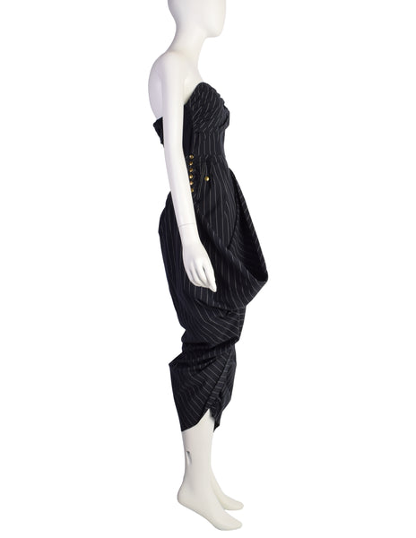 Jean Paul Gaultier SS 1995 Navy Blue White Pinstripe Strapless Wiggle Dress with Snap Wing