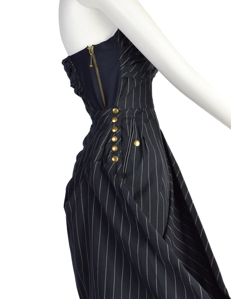 Jean Paul Gaultier SS 1995 Navy Blue White Pinstripe Strapless Wiggle Dress with Snap Wing