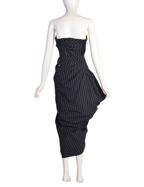 Jean Paul Gaultier SS 1995 Navy Blue White Pinstripe Strapless Wiggle Dress with Snap Wing