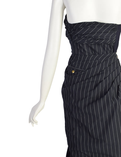 Jean Paul Gaultier SS 1995 Navy Blue White Pinstripe Strapless Wiggle Dress with Snap Wing