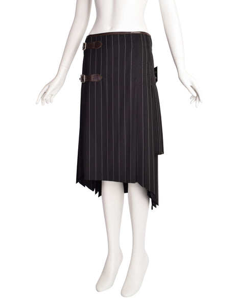 Jean Paul Gaultier Vintage Black Pinstripe Leather Buckle Wool Pleated Wrap Skirt