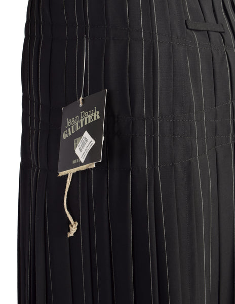 Jean Paul Gaultier Vintage Black Pinstripe Leather Buckle Wool Pleated Wrap Skirt