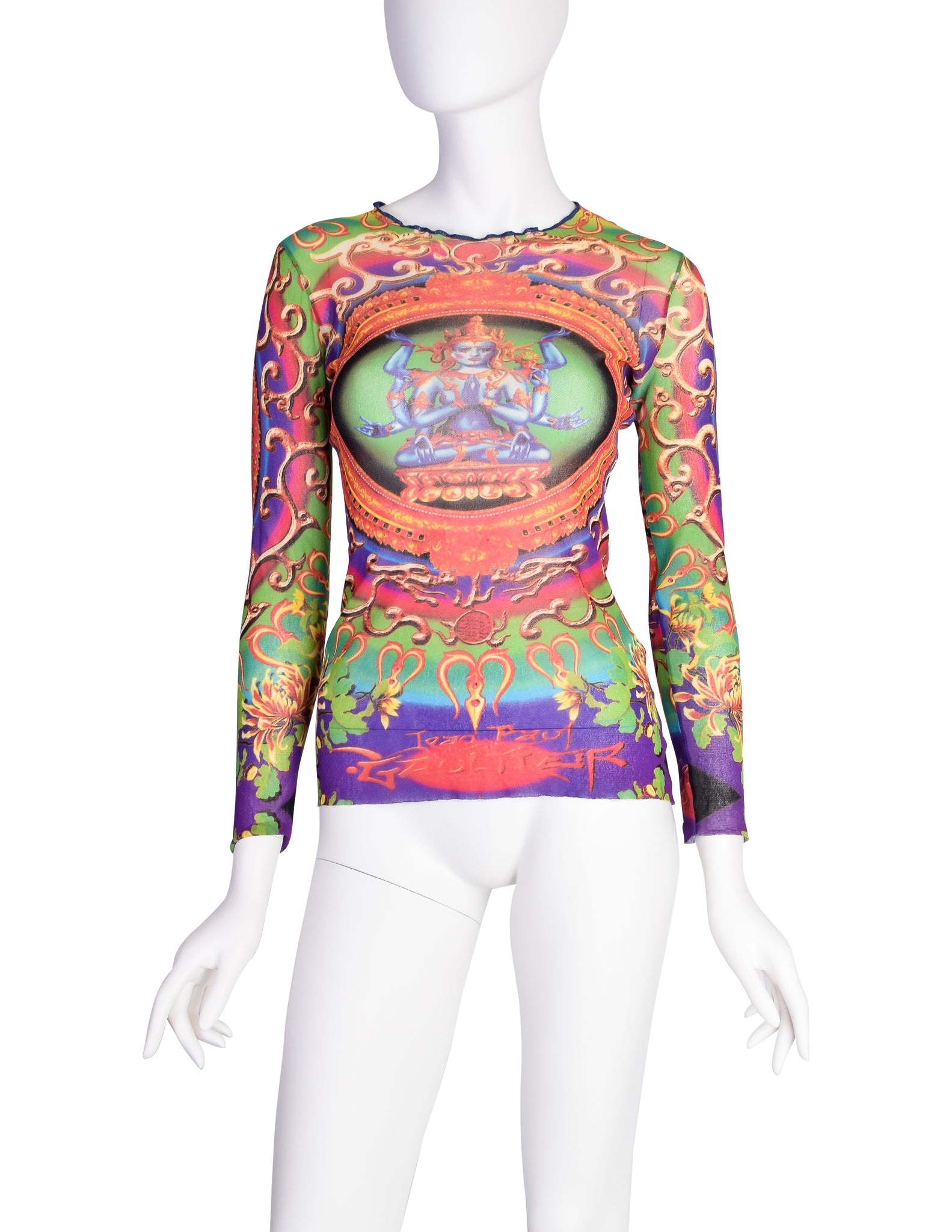 Jean Paul Gaultier Vintage SS 1997 Hindu Goddess Multicolor Print Mesh Long Sleeve Shirt