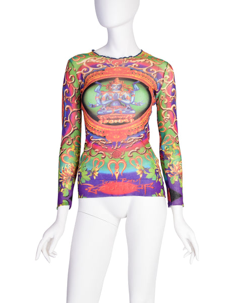 Jean Paul Gaultier Vintage Hindu Goddess Multicolor Print Mesh Long Sleeve Shirt