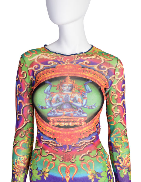 Jean Paul Gaultier Vintage SS 1997 Hindu Goddess Multicolor Print Mesh Long Sleeve Shirt