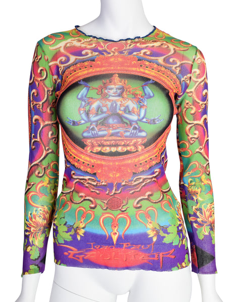 Jean Paul Gaultier Vintage SS 1997 Hindu Goddess Multicolor Print Mesh Long Sleeve Shirt