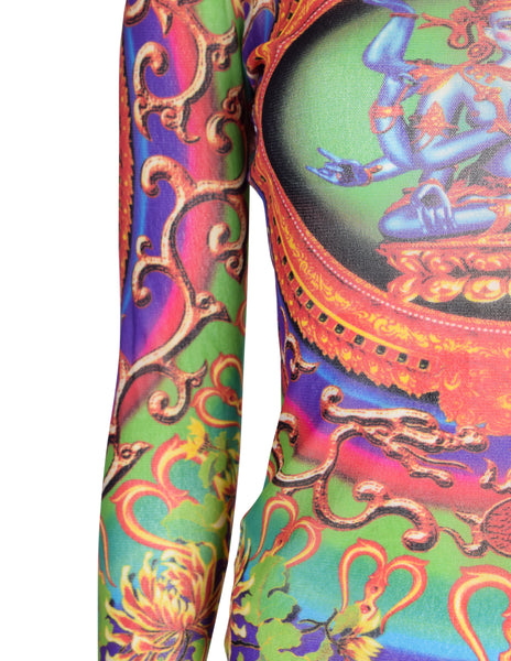 Jean Paul Gaultier Vintage SS 1997 Hindu Goddess Multicolor Print Mesh Long Sleeve Shirt