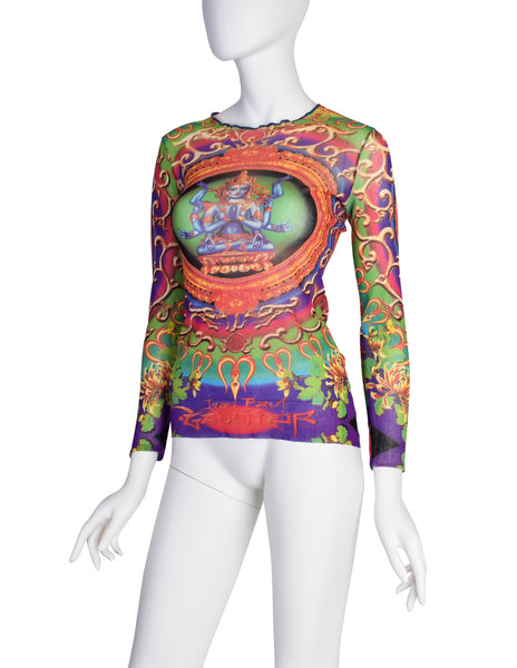 Jean Paul Gaultier Vintage SS 1997 Hindu Goddess Multicolor Print Mesh Long Sleeve Shirt