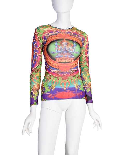 Jean Paul Gaultier Vintage SS 1997 Hindu Goddess Multicolor Print Mesh Long Sleeve Shirt