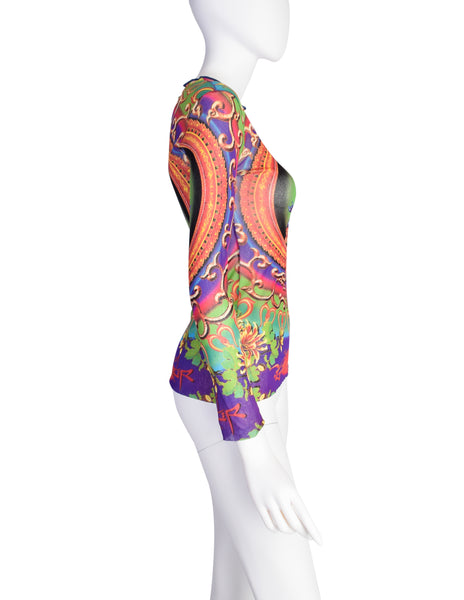 Jean Paul Gaultier Vintage SS 1997 Hindu Goddess Multicolor Print Mesh Long Sleeve Shirt