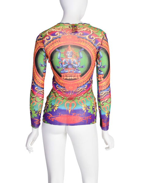 Jean Paul Gaultier Vintage SS 1997 Hindu Goddess Multicolor Print Mesh Long Sleeve Shirt