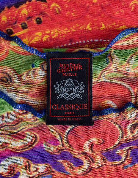 Jean Paul Gaultier Vintage SS 1997 Hindu Goddess Multicolor Print Mesh Long Sleeve Shirt