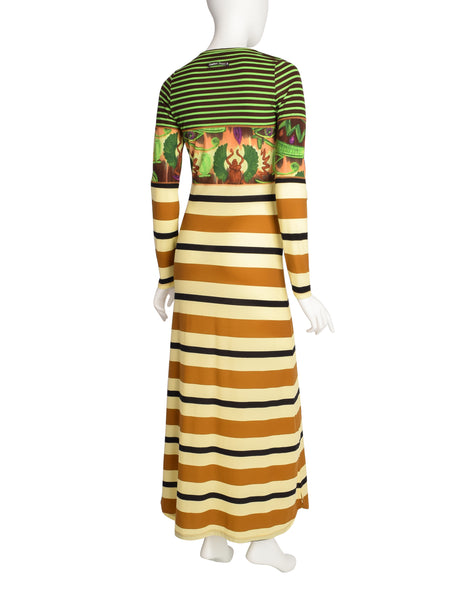 Jean Paul Gaultier Vintage Multicolor Egyptian Print Striped Maxi Dress