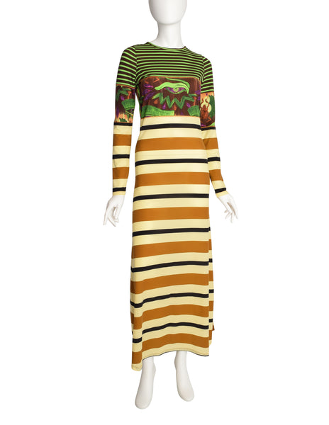 Jean Paul Gaultier Vintage Multicolor Egyptian Print Striped Maxi Dress