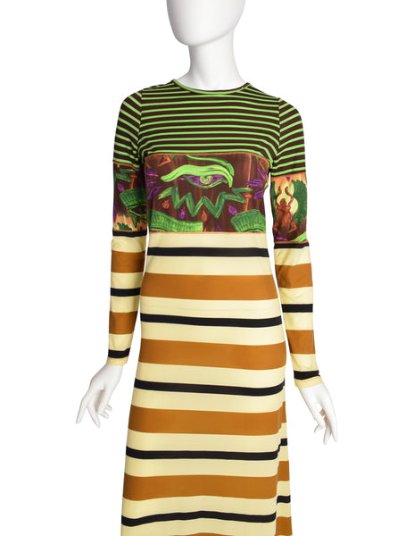 Jean Paul Gaultier Vintage Multicolor Egyptian Print Striped Maxi Dress