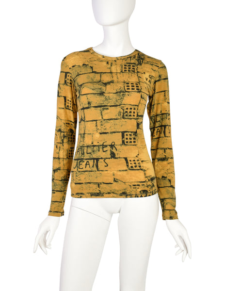 Jean Paul Gaultier Vintage 1997 Gaultier Jeans Mustard Yellow Graphic Brick Print Long Sleeve Shirt
