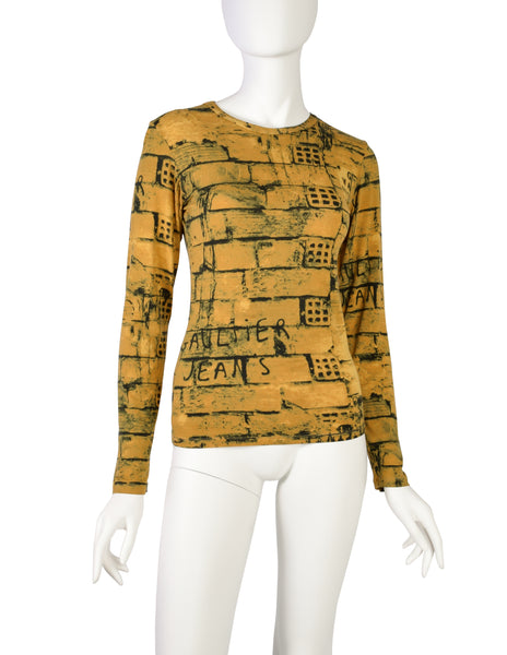 Jean Paul Gaultier Vintage 1997 Gaultier Jeans Mustard Yellow Graphic Brick Print Long Sleeve Shirt