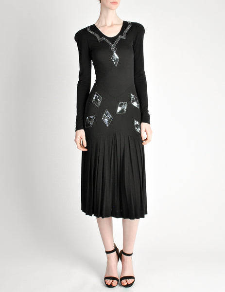 Jean Muir Vintage Black Pleated Sequin Dress