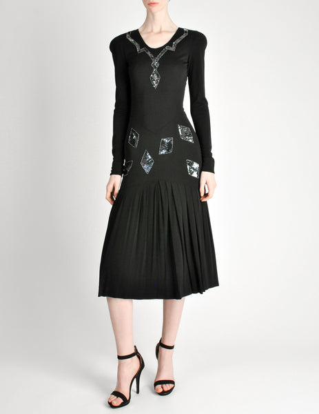 Jean Muir Vintage Black Pleated Sequin Dress