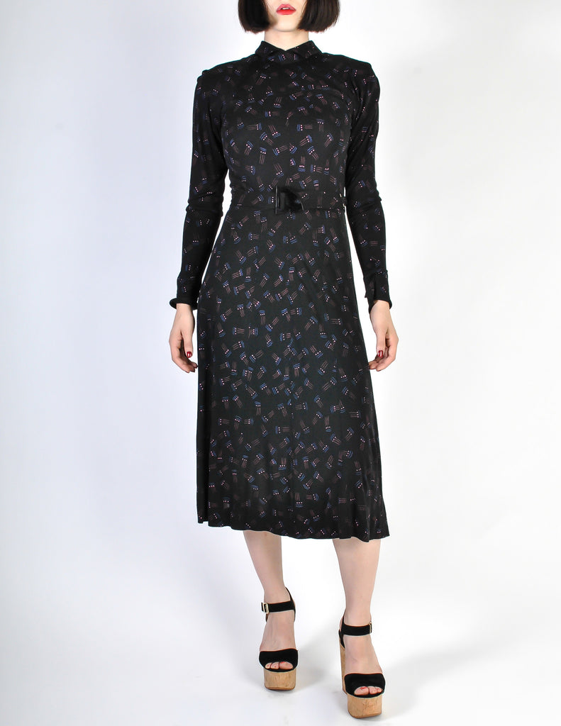 Jean Muir Vintage Collared Black Graphic Print Jersey Dress  Amarcord  Vintage Fashion