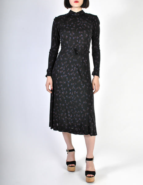 Jean Muir Vintage Collared Black Graphic Print Jersey Dress