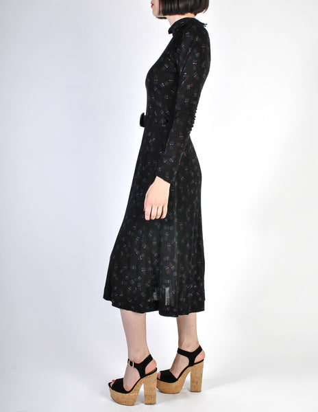 Jean Muir Vintage Collared Black Graphic Print Jersey Dress