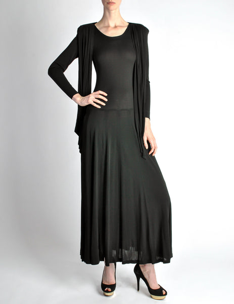 Jean Muir Vintage Black Shoulder Drape Panel Jersey Dress