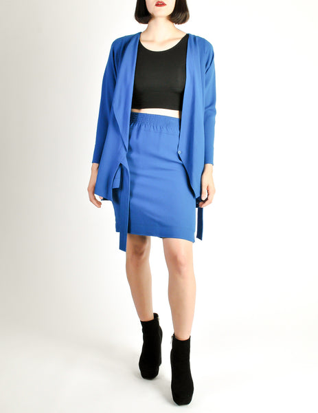 Jean Muir Vintage Cobalt Blue Wool Crepe Draping Wrap Jacket and Skirt Set Ensemble - Amarcord Vintage Fashion
 - 3