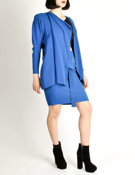 Jean Muir Vintage Cobalt Blue Wool Crepe Draping Wrap Jacket and Skirt Set Ensemble - Amarcord Vintage Fashion
 - 8
