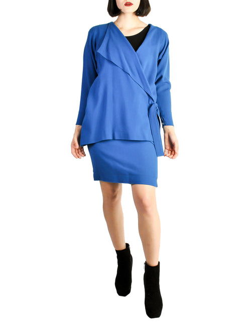 Jean Muir Vintage Cobalt Blue Wool Crepe Draping Wrap Jacket and