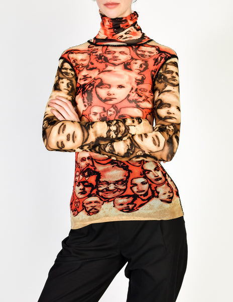 Jean Paul Gaultier Vintage Iconic Sheer Mesh Face Print Turtleneck Shirt Top