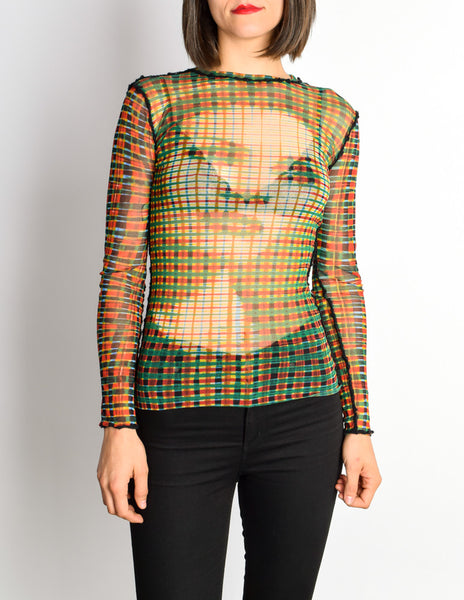 Jean Paul Gaultier Vintage Iconic Sheer Mesh Plaid Face Print Shirt Top