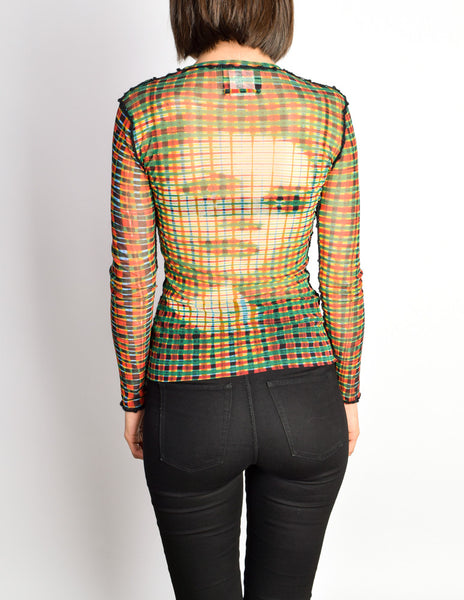 Jean Paul Gaultier Vintage Iconic Sheer Mesh Plaid Face Print Shirt Top