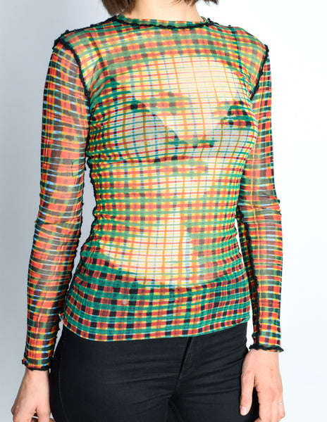 Jean Paul Gaultier Vintage Iconic Sheer Mesh Plaid Face Print Shirt Top