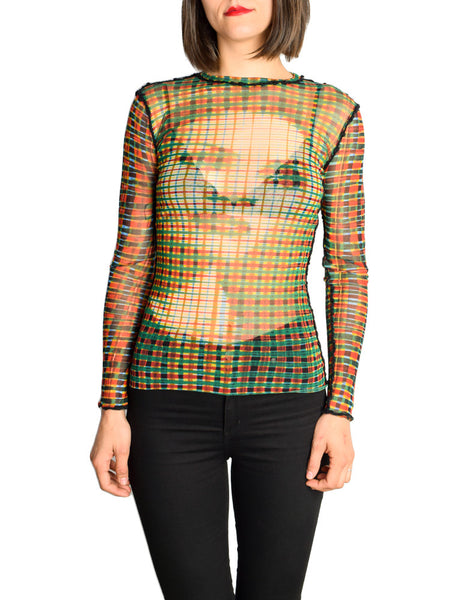 Jean Paul Gaultier Vintage Iconic Sheer Mesh Plaid Face Print Shirt Top