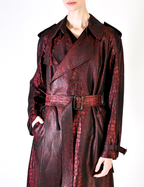 Jean Paul Gaultier Vintage Metallic Maroon Alligator Print Trench Coat - Amarcord Vintage Fashion
 - 5